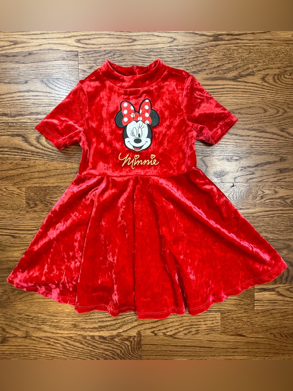 Disney Junior Girls Minnie Mouse Red Velvet Dress Embroidered Bow Detail 3T